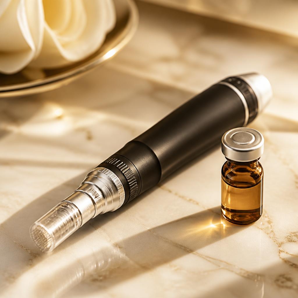 Microneedling pen beside a GHK-Cu mesotherapy vial